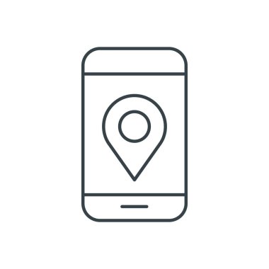 Konum kodu ve telefon ince çizgi simgesi. Web siteleri, web tasarımı, mobil uygulama, bilgi grafikleri için basit simge ögesi. Web sitesi tasarımı ve geliştirilmesi için ince satır simgesi, beyaz arkaplanda uygulama geliştirme