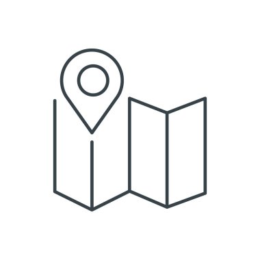 İğne işaretli ince çizgi ikonlu harita. Web siteleri, web tasarımı, mobil uygulama, bilgi grafikleri için basit simge ögesi. Web sitesi tasarımı ve geliştirilmesi için ince satır simgesi, beyaz arkaplanda uygulama geliştirme