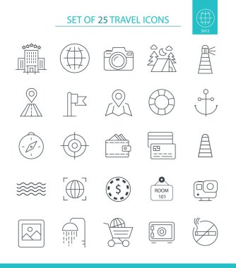 Seyahat - ince çizgi vektör kümesi 2. Set simgeler içeriyor: Turizm, Seyahat, Otel, Kamera, Yürüyüş, Harita simgesi, Globe, Navigational Compass, Kredi kartı, Aksiyon kamerası, Deniz feneri.