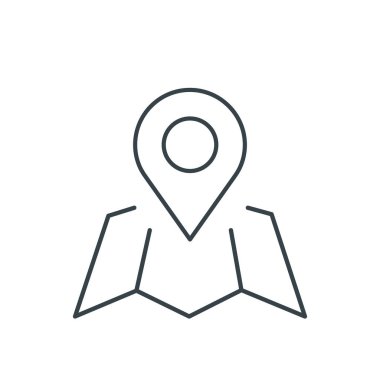 Katlanmış harita ve konum simgesi ince çizgi. Web siteleri, web tasarımı, mobil uygulama, bilgi grafikleri için basit simge ögesi. Web sitesi tasarımı ve geliştirilmesi için ince satır simgesi, beyaz arkaplanda uygulama geliştirme
