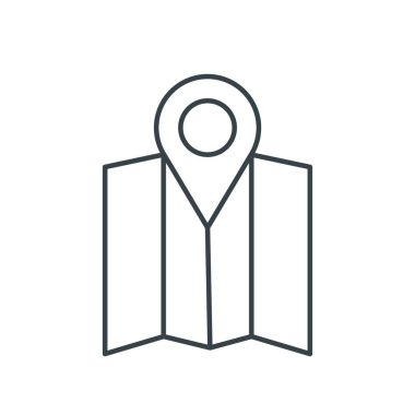 İğne işaretli ince çizgi ikonlu harita. Web siteleri, web tasarımı, mobil uygulama, bilgi grafikleri için basit simge ögesi. Web sitesi tasarımı ve geliştirilmesi için ince satır simgesi, beyaz arkaplanda uygulama geliştirme