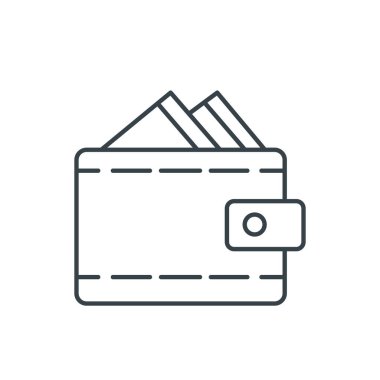 İçinde para olan çanta, ince çizgi ikonu. Web siteleri, web tasarımı, mobil uygulama, bilgi grafikleri için basit simge ögesi. Web sitesi tasarımı ve geliştirilmesi için ince satır simgesi, beyaz arkaplanda uygulama geliştirme