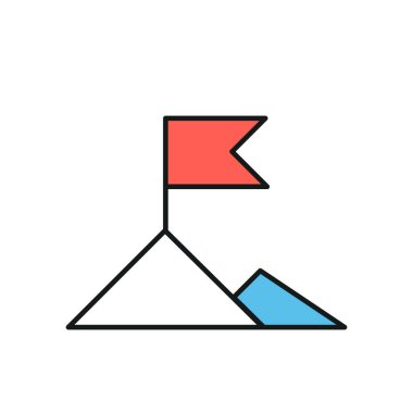 Bayrak ince çizgi ikonuyla dağ zirvesi. Renkli. Web siteleri, web tasarımı, mobil uygulama, bilgi grafikleri için basit simge ögesi. Web sitesi tasarımı ve geliştirilmesi için ince satır simgesi, beyaz arkaplanda uygulama geliştirme