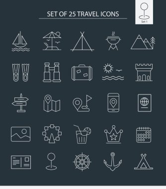 Seyahat - ince çizgi vektör simgesi 1 gri üzerine izole edildi. Set simgeler içeriyor: Turizm, Seyahat, Dalış, Plaj, Dağlar, Harita simgesi, Pasaport, VIP bölgesi, Yelkenli Tekne, Yürüyüş, Takvim yaprağı.