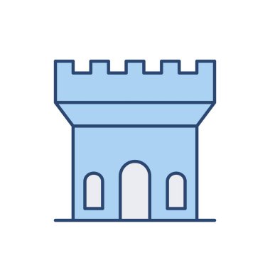Kale kulesi ince çizgi ikonu. Mavi renk. Web siteleri, web tasarımı, mobil uygulama, bilgi grafikleri için basit simge ögesi. Web sitesi tasarımı ve geliştirilmesi için ince satır simgesi, beyaz arkaplanda uygulama geliştirme