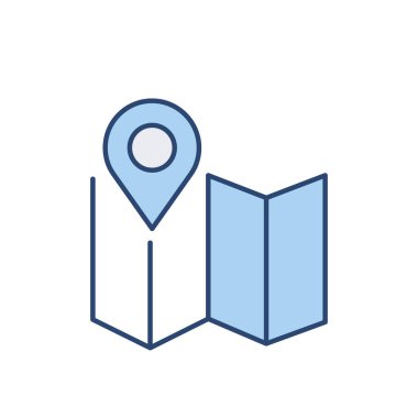 İğne işaretli ince çizgi ikonlu harita. Mavi renk. Web siteleri, web tasarımı, mobil uygulama, bilgi grafikleri için basit simge ögesi. Web sitesi tasarımı ve geliştirilmesi için ince satır simgesi, beyaz arkaplanda uygulama geliştirme