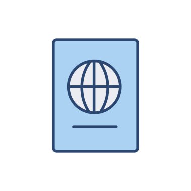 Pasaport ince çizgi simgesi. Mavi renk. Web siteleri, web tasarımı, mobil uygulama, bilgi grafikleri için basit simge ögesi. Web sitesi tasarımı ve geliştirilmesi için ince satır simgesi, beyaz arkaplanda uygulama geliştirme