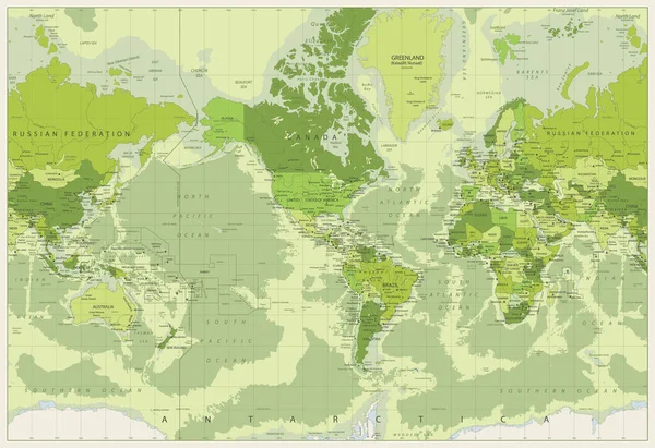 World Map Political American View America Center Green Colors Water — 图库矢量图片