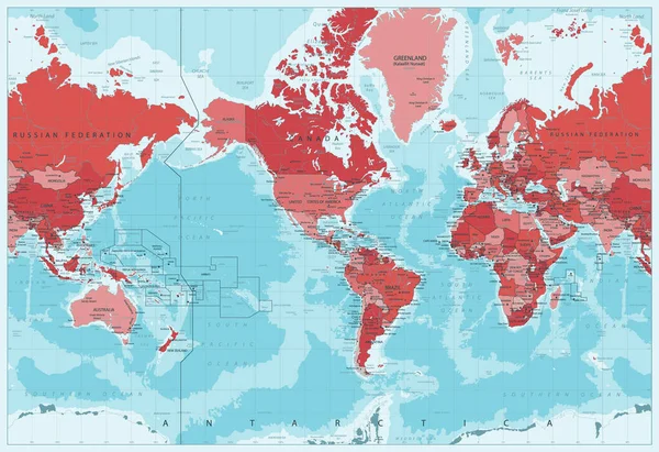 World Map Political American View America Center Red Pink Colors — Stockový vektor