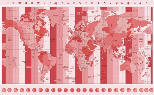 World Map Standard Time Zones Clock Icons Red Pink Colors — Archivo Imágenes Vectoriales
