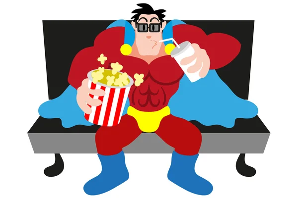 Superhéroe viendo una película — Vector de stock