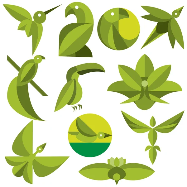 Aves de Hojas Conjunto de Vectores Eco Logos — Vector de stock