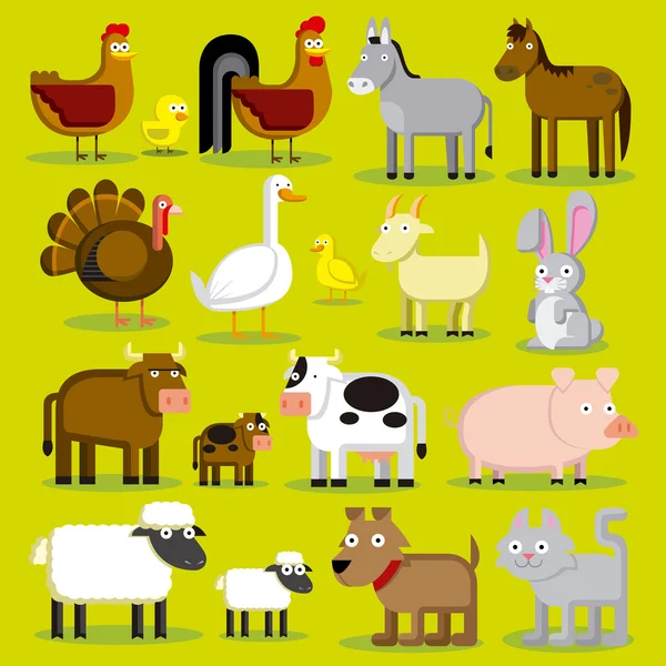 Set Of Different Cartoon Farm Animals terisolasi - Stok Vektor