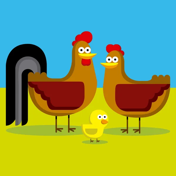 Cartoon-Hahn, Henne und Küken mit farbigem Hintergrund — Stockvektor
