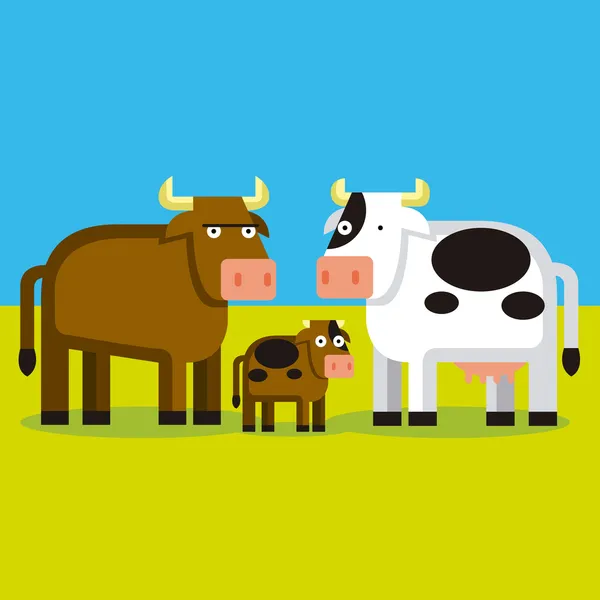 Cartoon Bull, Cow dan Cald On A FIeld - Stok Vektor
