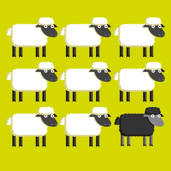 Groupe de moutons blancs et un mouton noir — Image vectorielle