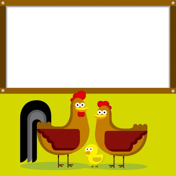Niedlicher Cartoon-Hahn, Henne und Küken mit weißer Textfläche — Stockvektor