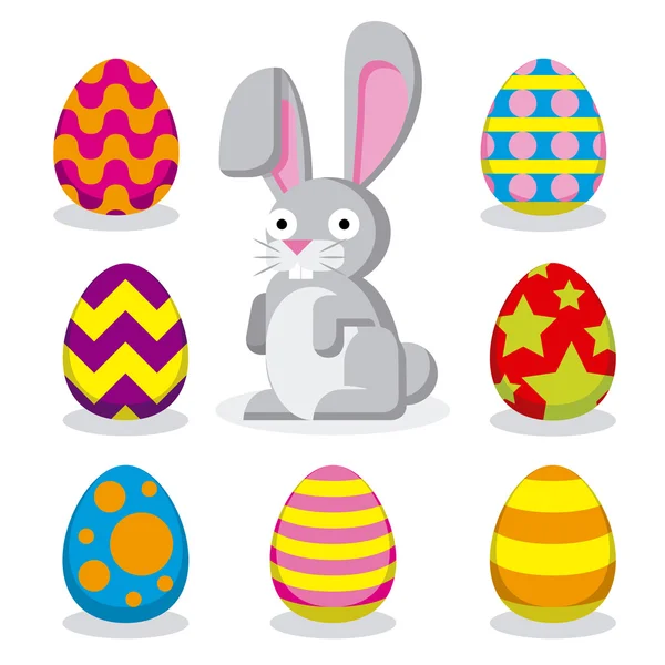 Farklı Paskalya yumurtaları ve Paskalya tavşanı — 스톡 벡터