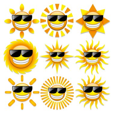 Beyaz arka plan üzerinde izole farklı soyut güneşler kümesi