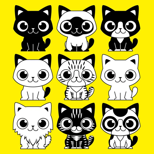 Ensemble de différents chats de bande dessinée adorables isolés — Image vectorielle
