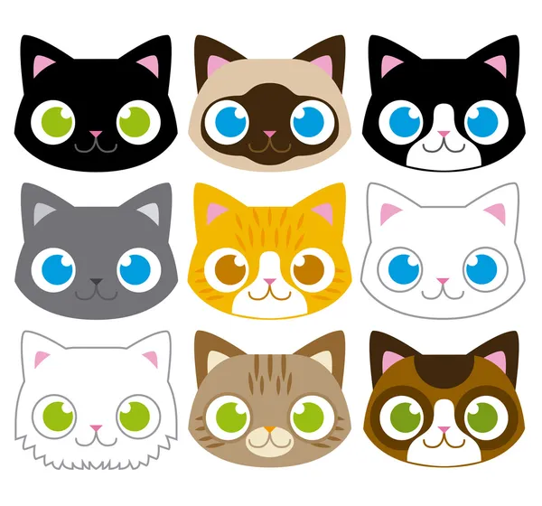 Conjunto de diferentes caras adoráveis dos gatos dos desenhos animados — Vetor de Stock