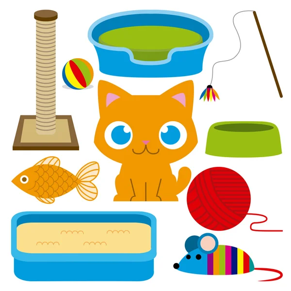 Cartoon Adorable Cat With Different Toys And Elements — Stock Vector
