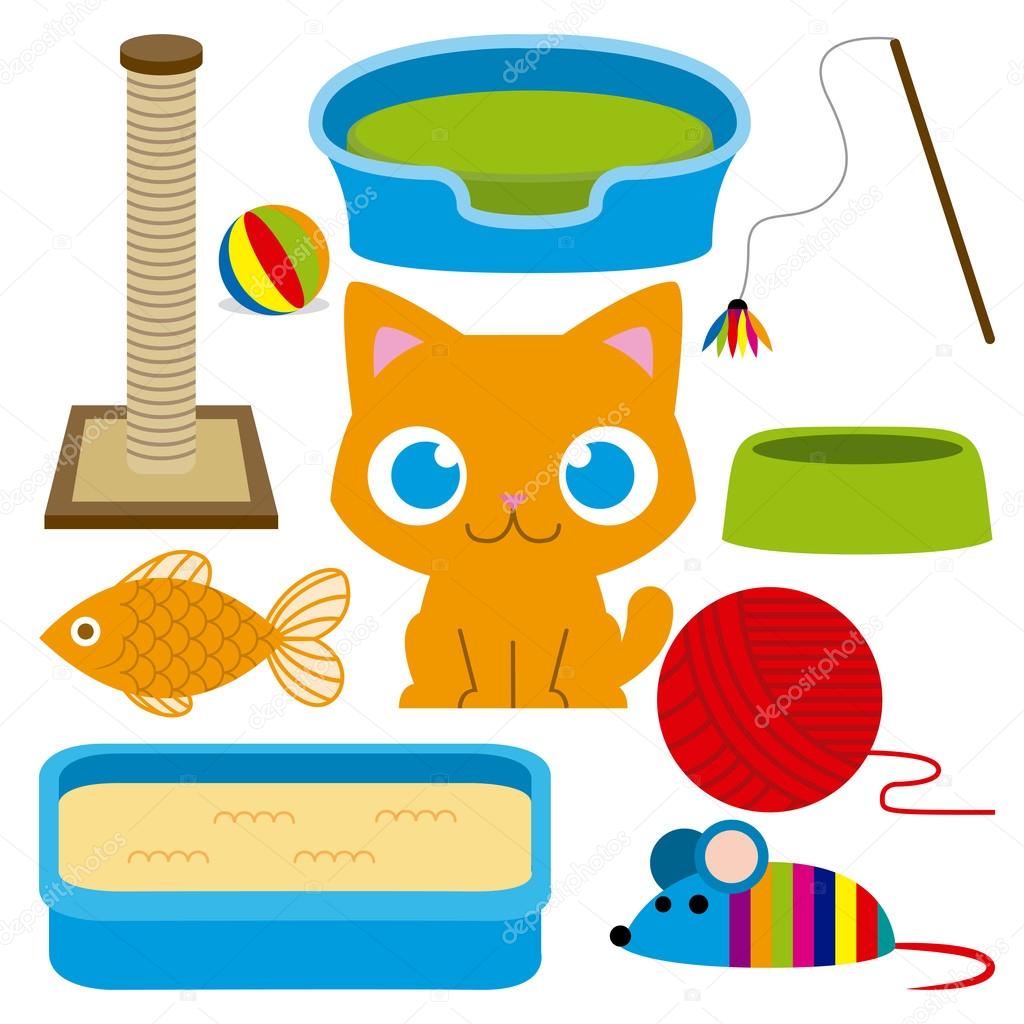 Cartoon Adorable Cat With Different Toys And Elements