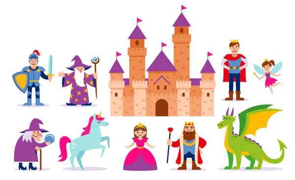 Набор различных средневековых персонажей мультфильмов и зданий — стоковый вектор