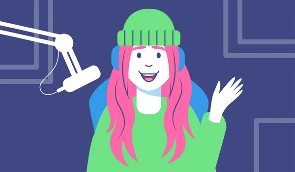 Streamer personagem feminina com fones de ouvido streaming em um quarto Vector — Vetor de Stock