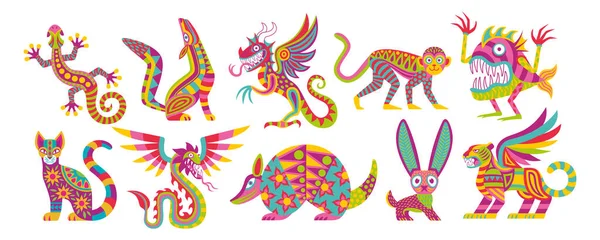 Conjunto de diferentes colores alebrijes mexicanos Vector de dibujos animados tradicionales — Archivo Imágenes Vectoriales