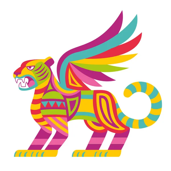 Tigre colorido isolado com asas alebrije mexicana tradicional cartoon Vector —  Vetores de Stock