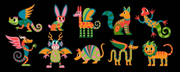 Set Cute Mexican Alebrijes Animals Vector Illustration — Archivo Imágenes Vectoriales