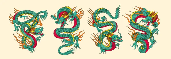 Set Group Green Chinesse Dragon Zodiac Vector Illustration — Archivo Imágenes Vectoriales