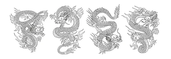Set Group Draw Chinesse Dragon Zodiac Vector Illustration — 스톡 벡터