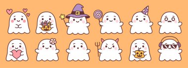 Set of cute ghosts cartoon kawaii Vector illustration