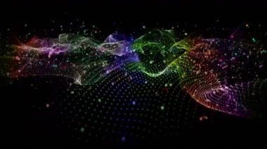 Renkli dalga nesnesi ve parıldayan parçacıklar ile gelecek video animasyonu, 4096x2304 döngüsü 4K