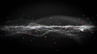Gri dalga nesnesi ve yavaş çekimde renkli sim parçacıkları ile gelecek video animasyonu, 4096x2304 döngü 4K