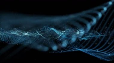 Dalga nesnesi ve parıldayan parçacıklarla gelecek video animasyonu, 4096x2304 döngü 4K