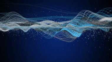 Dalga nesnesi ve parıldayan parçacıklarla gelecek video animasyonu, 4096x2304 döngü 4K