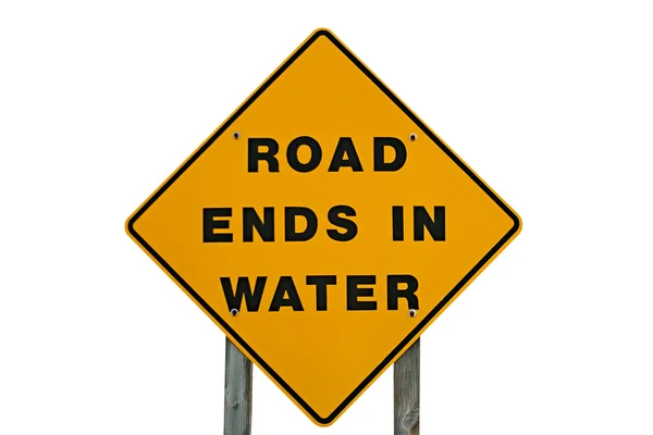 Żółty znak ostrzegawczy, że Państwa droga kończy się w wodzie — Zdjęcie stockowe