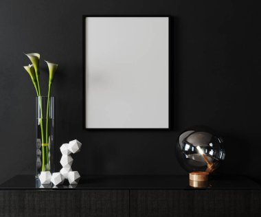 Modern siyah iç plan, İskandinav tarzı, 3D çizim, 3D illüstrasyon