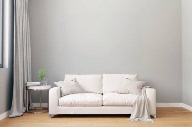 Modern oturma odası arka planı, İskandinav tarzı, 3D çizim. Oturma odası modeli.