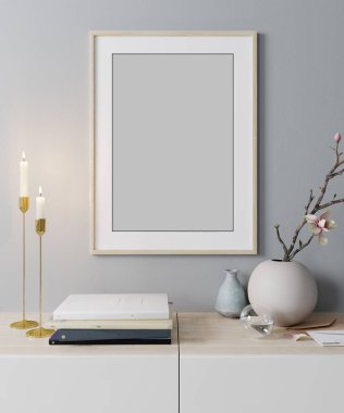 poster çerçevesi modern iç arka plan, İskandinav tarzı, 3d render, 3d çizim kadar alay