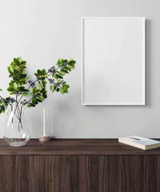 Modern iç planda Mockup poster çerçevesi, İskandinav tarzı, 3D çizim, 3D illüstrasyon