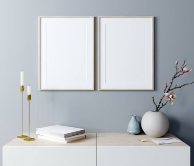 Modern iç planda model poster çerçevesi, İskandinav tarzı, 3D görüntüleme