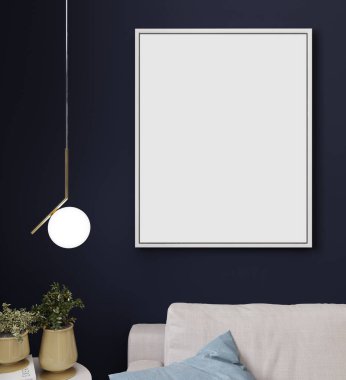 Modern minimalist iç plan, İskandinav tarzı, 3d illüstrasyon ile poster ya da resim çerçevesini modelle