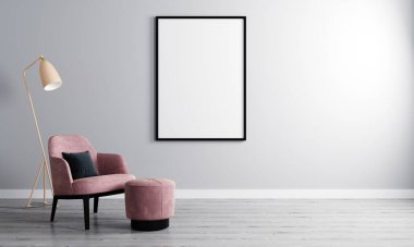 Beyaz duvarlı boş bir odada dikey boş bir çerçeve ve tahta parke üzerinde koltuk. Koltuklu bir oda ve model için boş bir çerçeve. 3d oluşturma