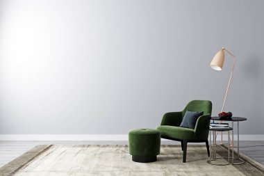 Beyaz duvarı ve İskandinav tarzı modern mobilyaları olan parlak bir oda. Model için oturma odası. 3d oluşturma