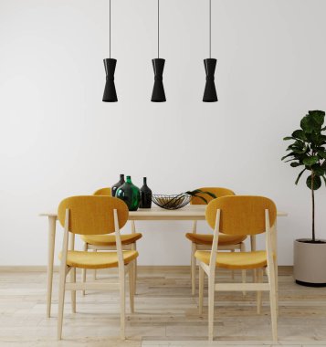 Parlak oturma odası, masa ve sandalye sehpası, dekorasyon. Oturma odasının iç mimarisi. Gündüz vakti modern tasarım odası. 3d hazırlayıcı