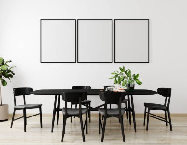 Modern iç plan, oturma odası, İskandinav tarzı, 3 boyutlu resim, 3 boyutlu çerçeve